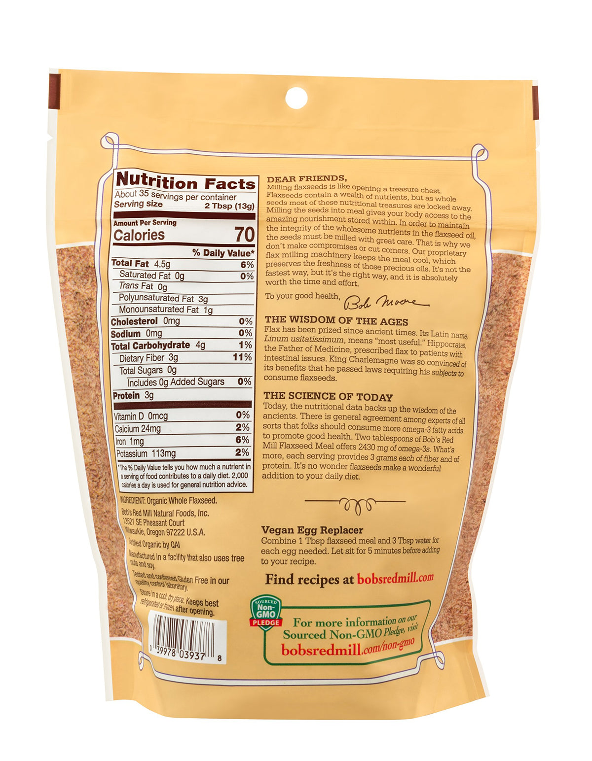 Bob's Red Mill Organic Flaxseed Meal with scoop in a bowl, ready to mix into yogurt or smoothies