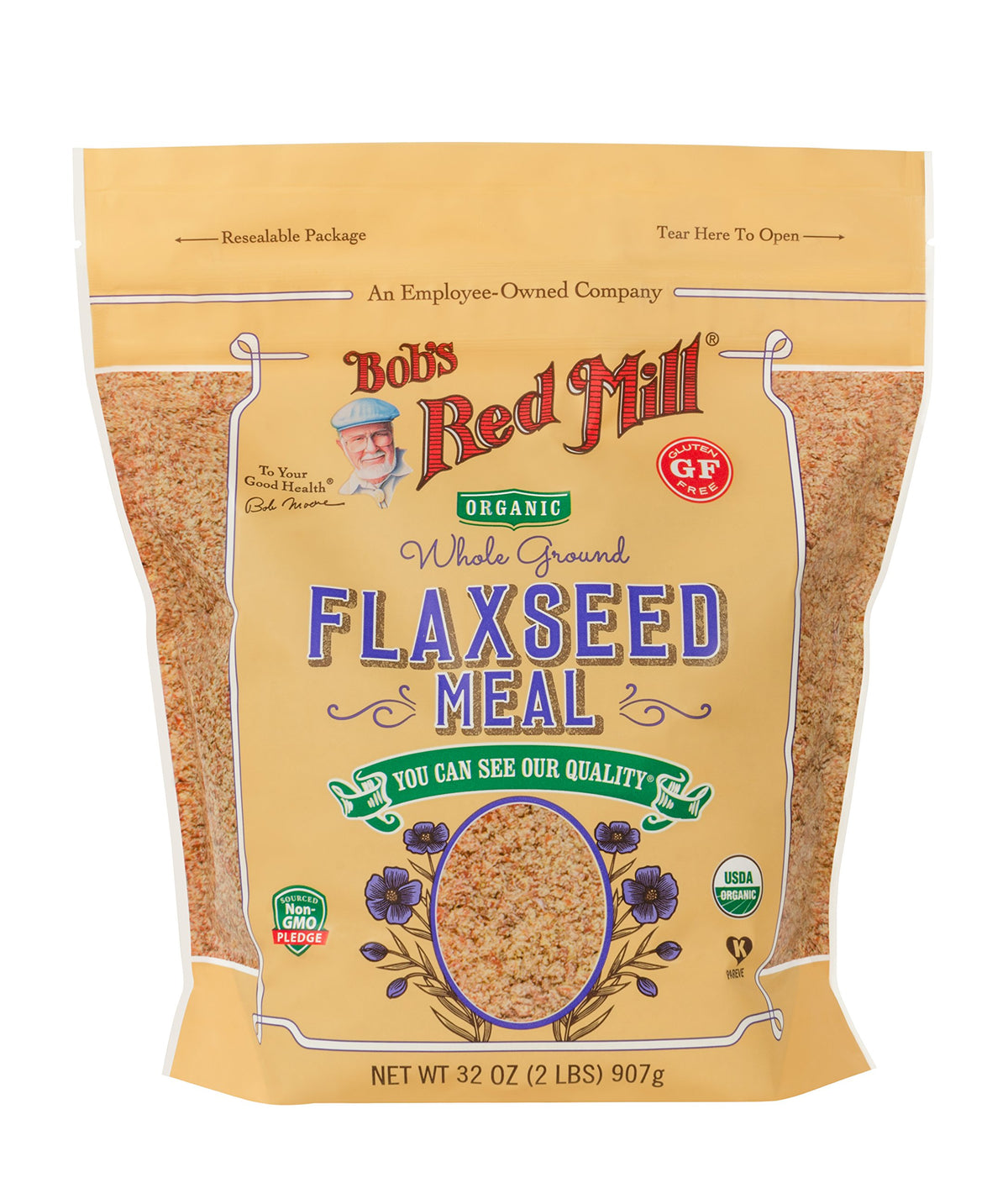 Bob's Red Mill flaxseed meal texture close-up for smoothies.