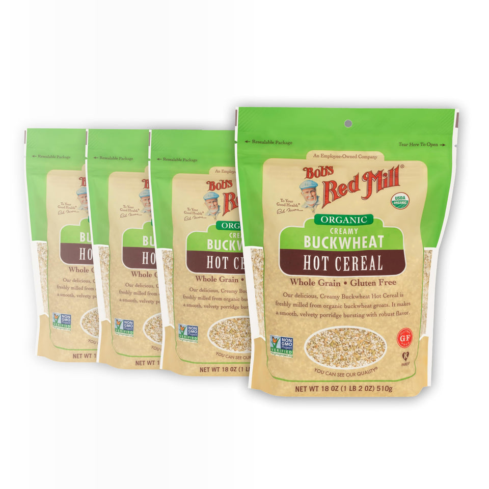 Bob's Red Mill Organic gluten-free creamy buckwheat hot cereal in a bowl, ready in minutes.