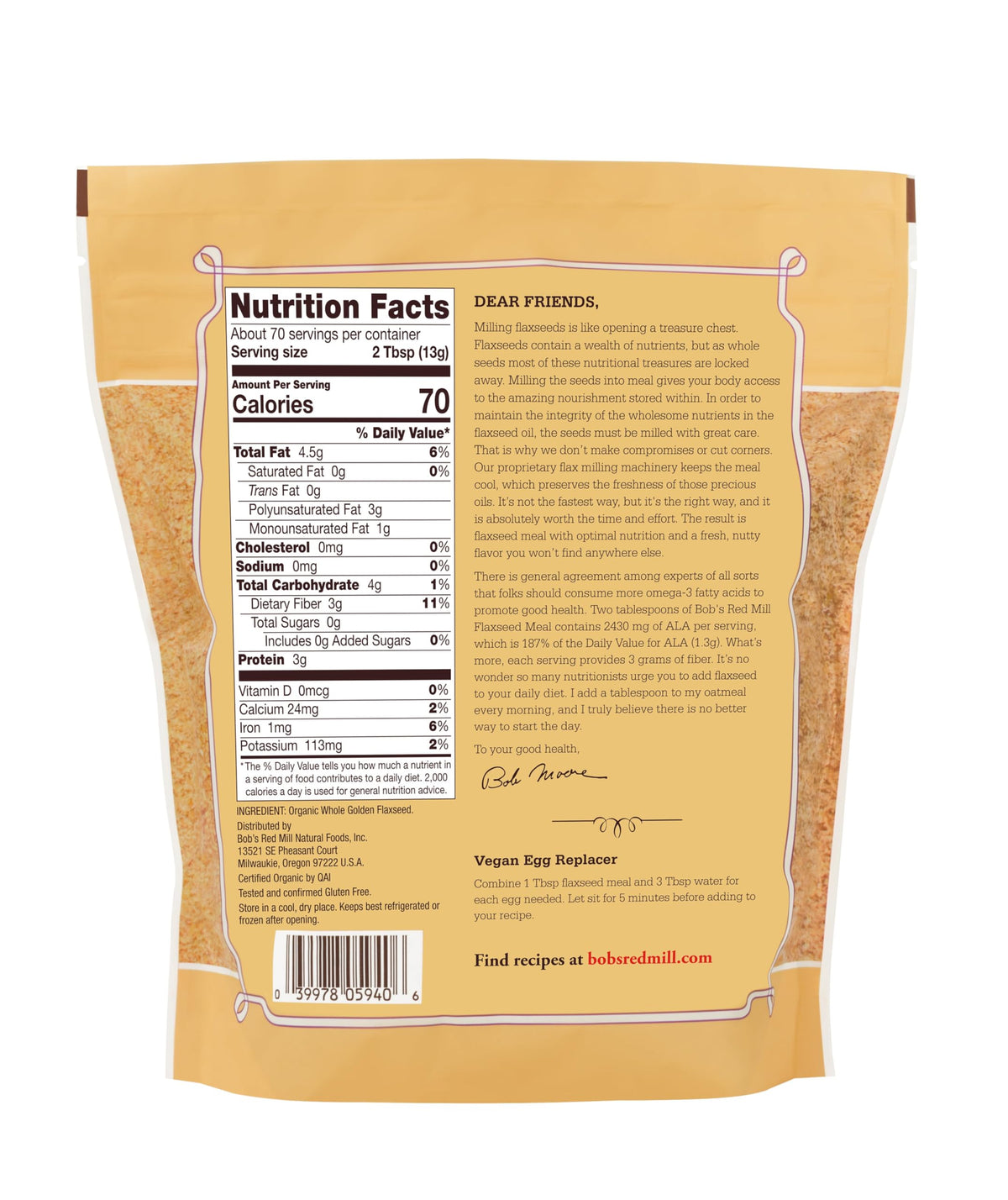 Bob's Red Mill Organic Golden Flaxseed Meal supports flour substitution in baking
