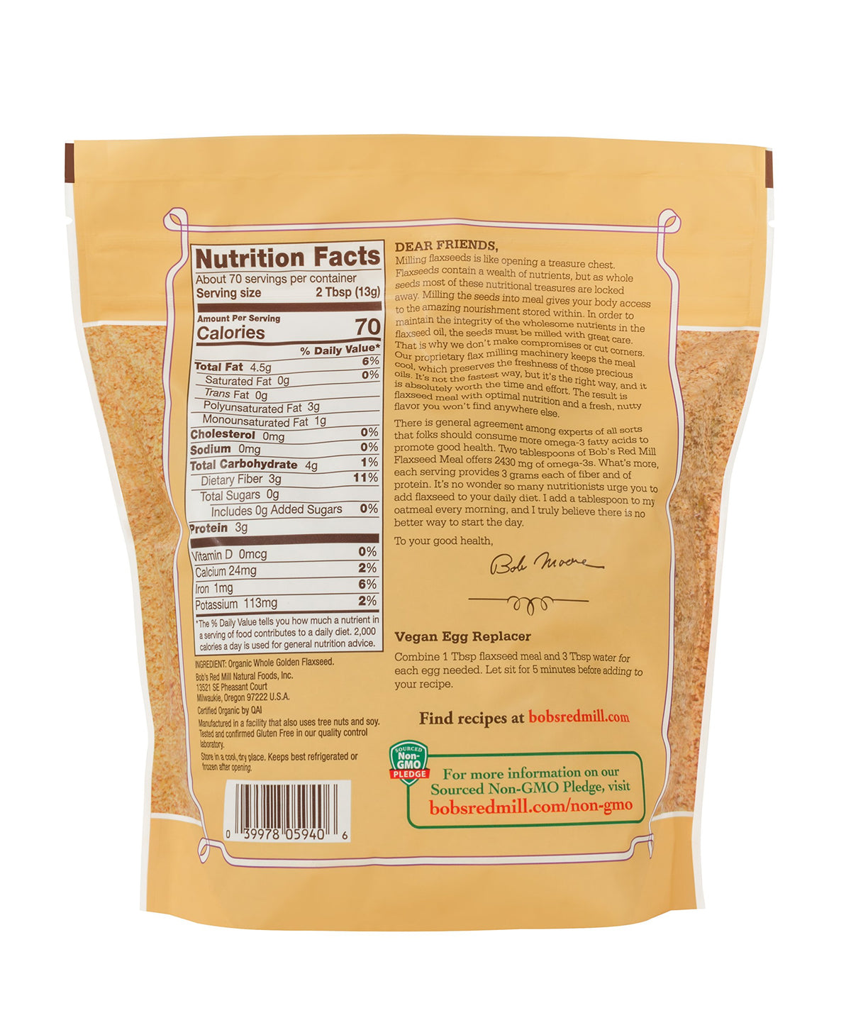 Organic Golden Flaxseed Meal from Bob's Red Mill creates a smooth texture for smoothies.