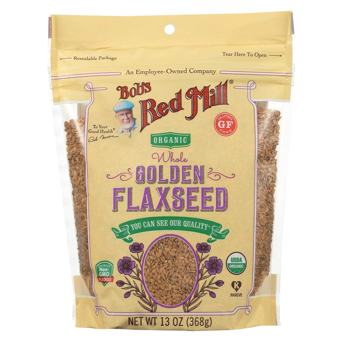 Bob's Red Mill Organic Golden Flaxseeds in resealable bag for easy, fresh everyday use