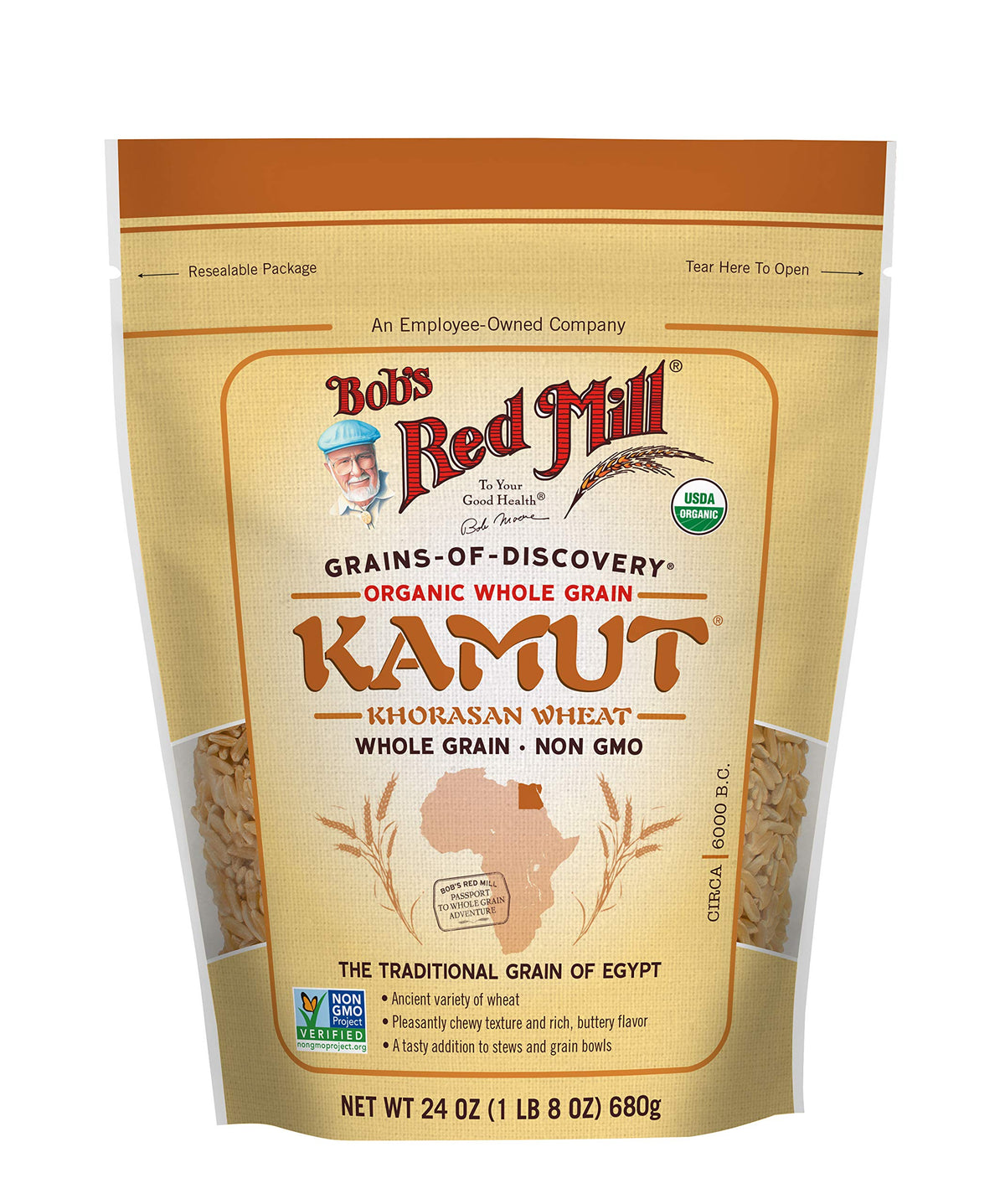Bob's Red Mill Organic Kamut Berries in a bowl highlight chewy texture for salads and sides.