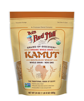 Bob's Red Mill Organic Kamut Berries in a bowl highlight chewy texture for salads and sides.