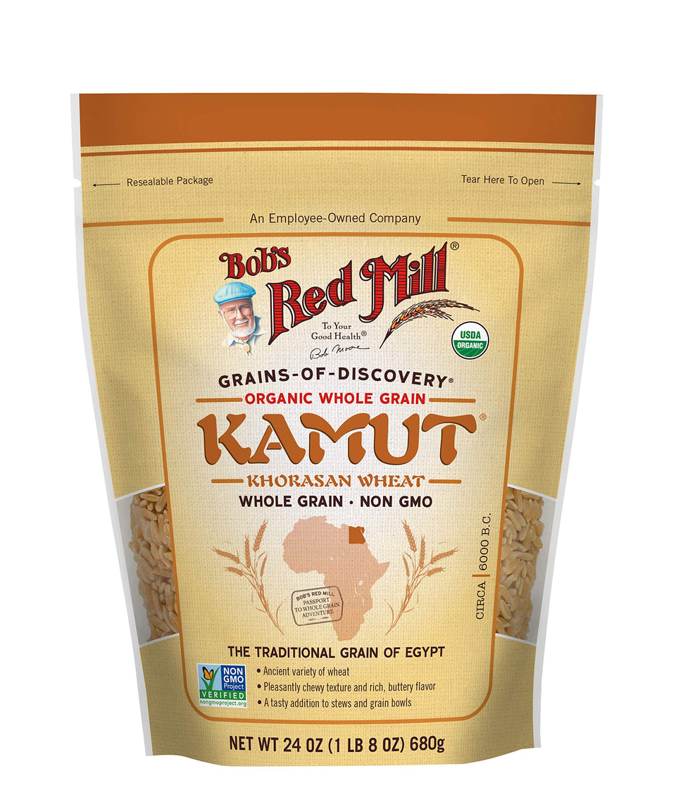 Bob's Red Mill Organic Kamut Berries in a bowl highlight chewy texture for salads and sides.
