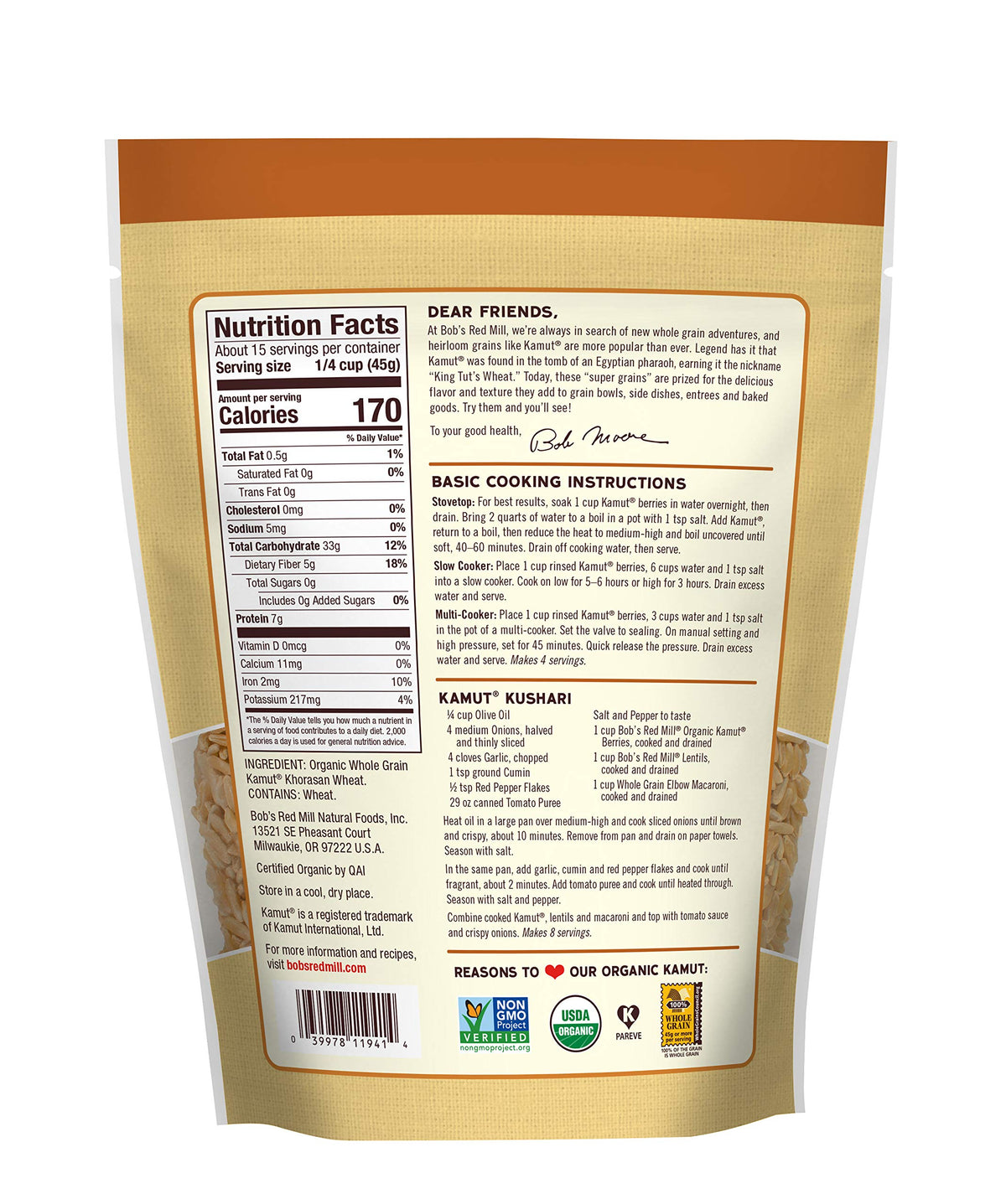 Bob's Red Mill Organic Kamut Berries package, four bags, ready for versatile dinners.