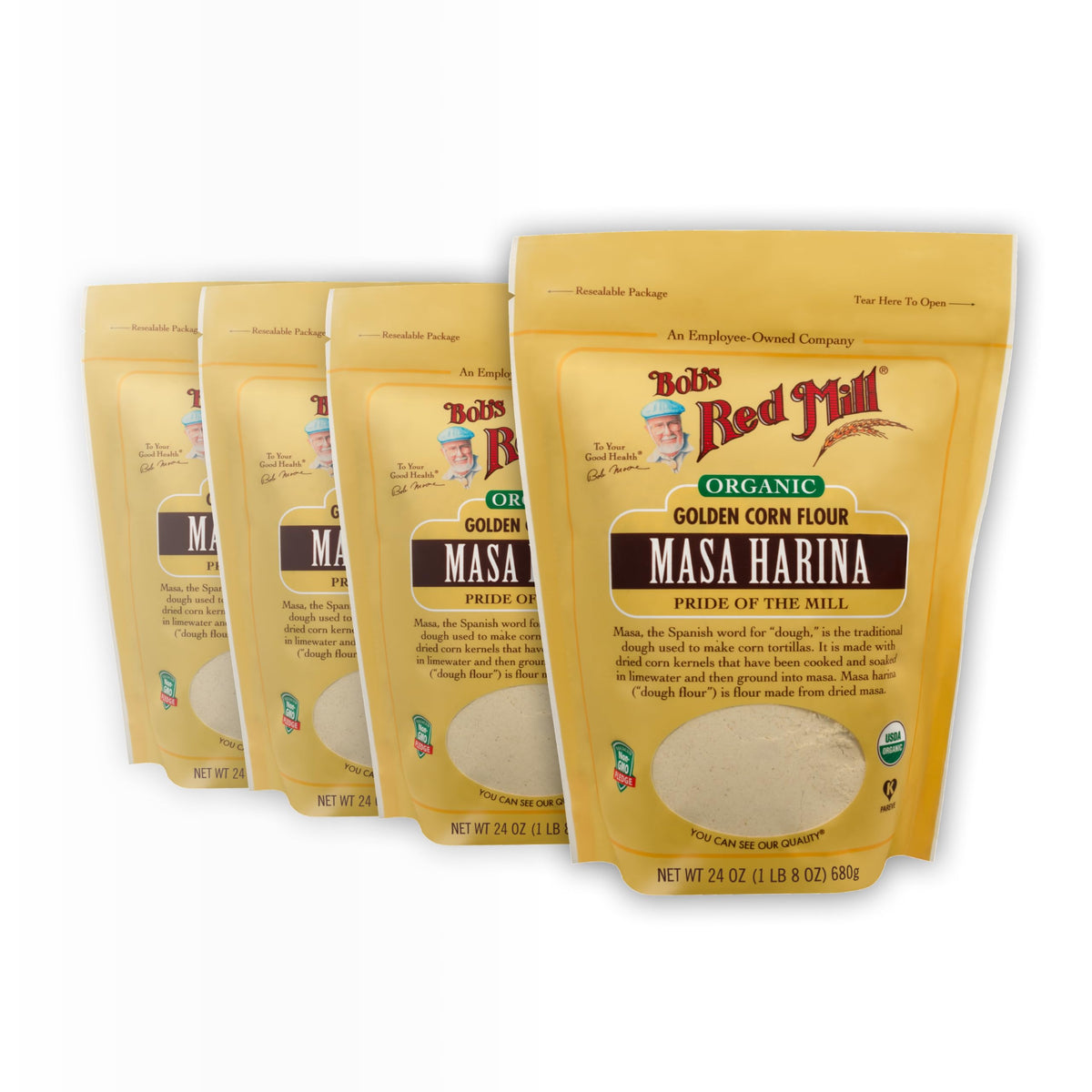 Bob's Red Mill Organic Masa Harina Flour bag ready for pantry use and tortillas.