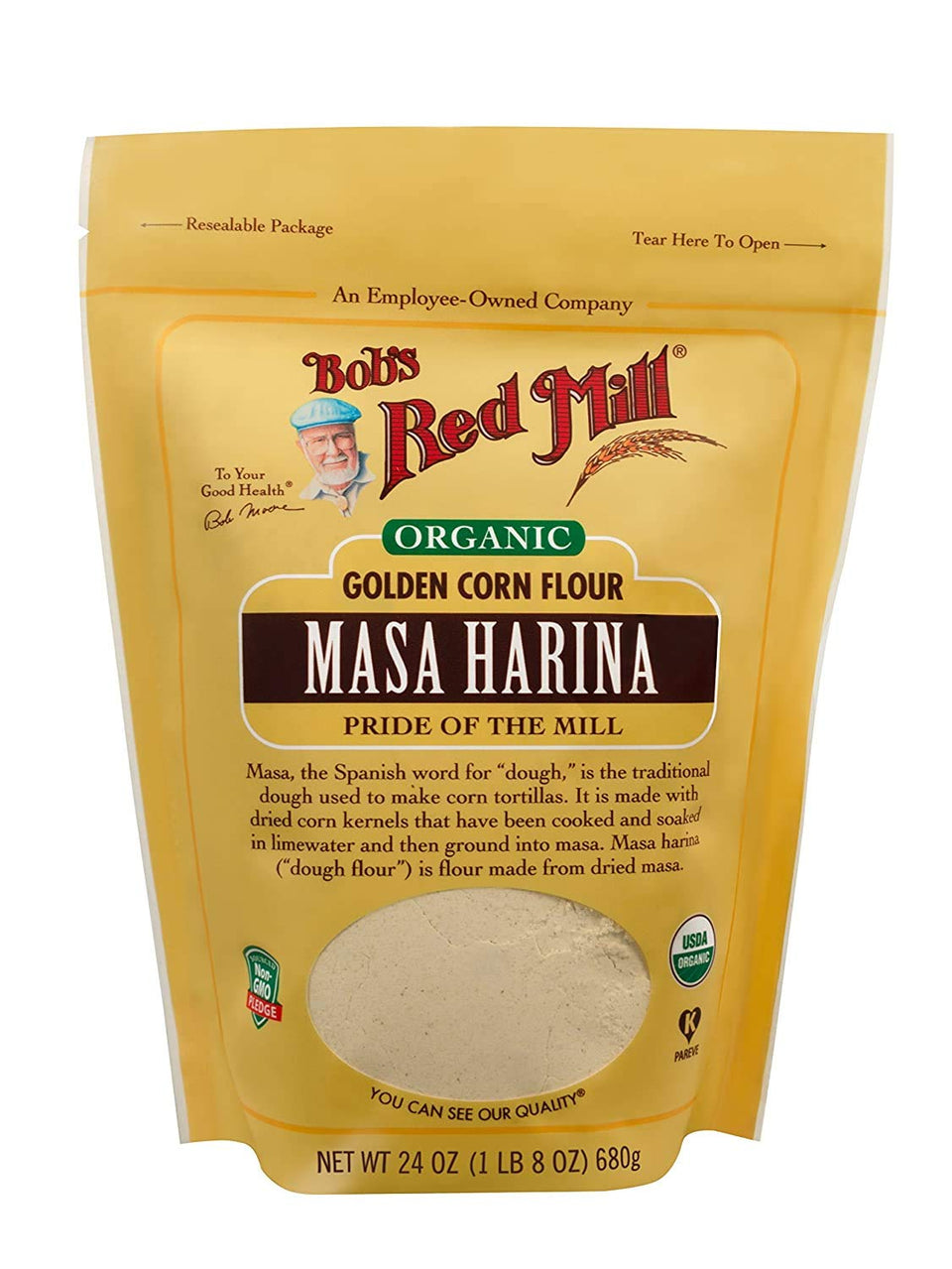 Bob's Red Mill Organic Masa Harina in a bowl, ideal for fresh tortilla dough