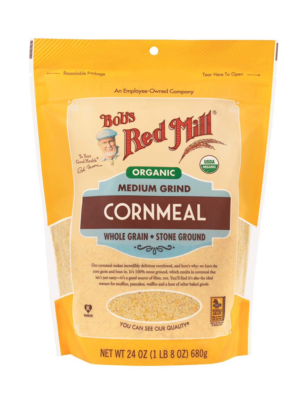 Bob's Red Mill Organic cornmeal in a dry bowl ready for baking.