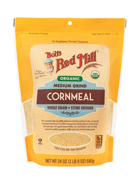 Bob's Red Mill Organic cornmeal in a dry bowl ready for baking.