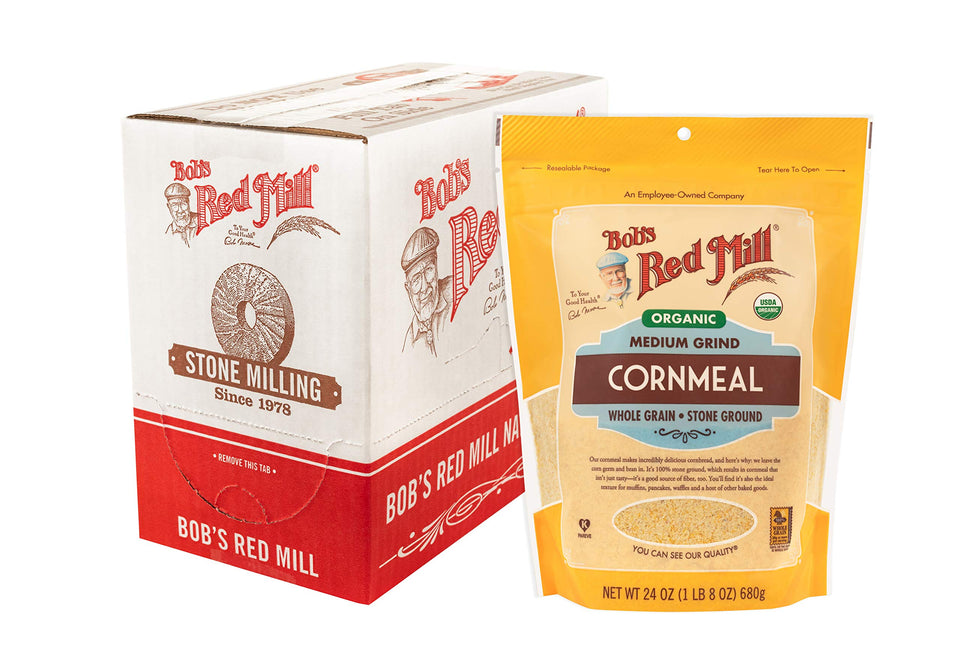 Bob's Red Mill Organic Medium Grind Cornmeal packaging for easy baking prep.