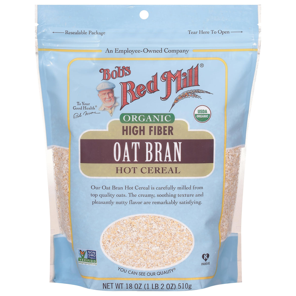 Bob's Red Mill Organic Oat Bran hot cereal served in a creamy bowl.