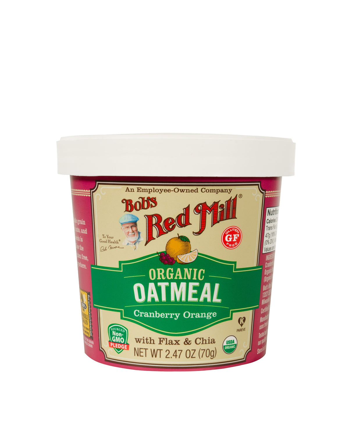 Bob's Red Mill Organic Oat Cup Cranberry Orange cup closeup shows real fruit and wholesome grains.