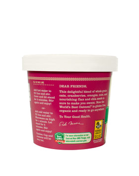 Bob's Red Mill Organic Oat Cup Cranberry Orange ingredients include oats, cranberries, almonds, flaxseed, and chia.