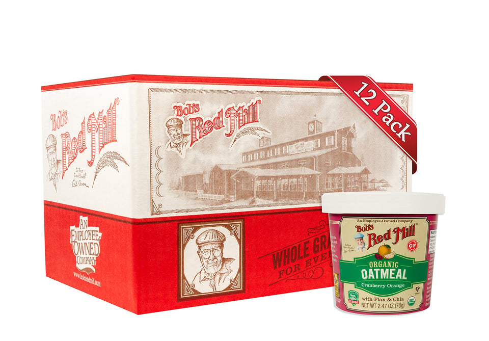 Bob's Red Mill Organic Oat Cup Cranberry Orange pack-shot highlights convenient, mess-free breakfast on the go.