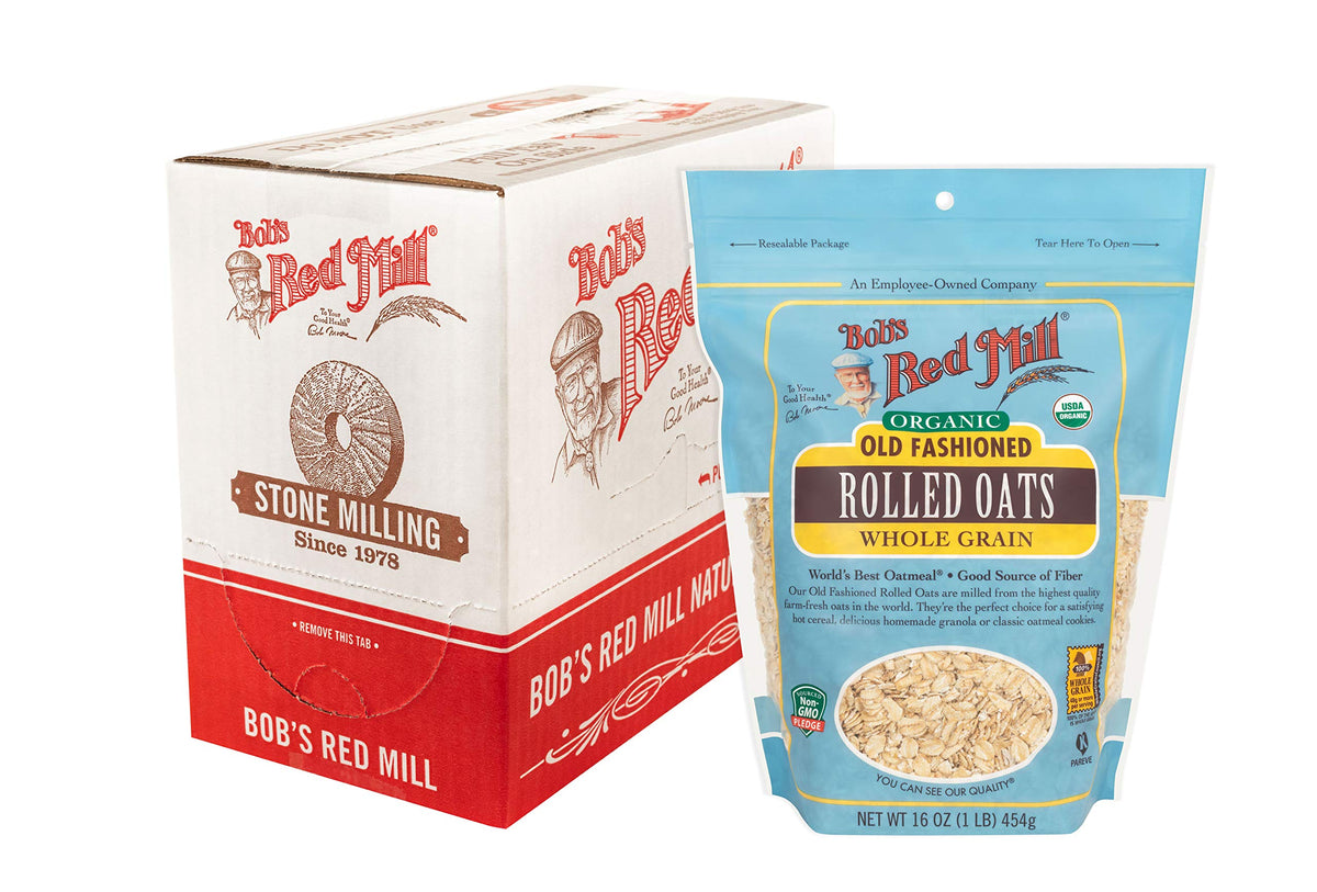 Bob's Red Mill Organic Old Fashioned Oats 4-pack box front, wholesome breakfast.