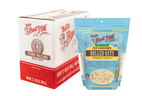 Bob's Red Mill Organic Old Fashioned Oats 4-pack box front, wholesome breakfast.