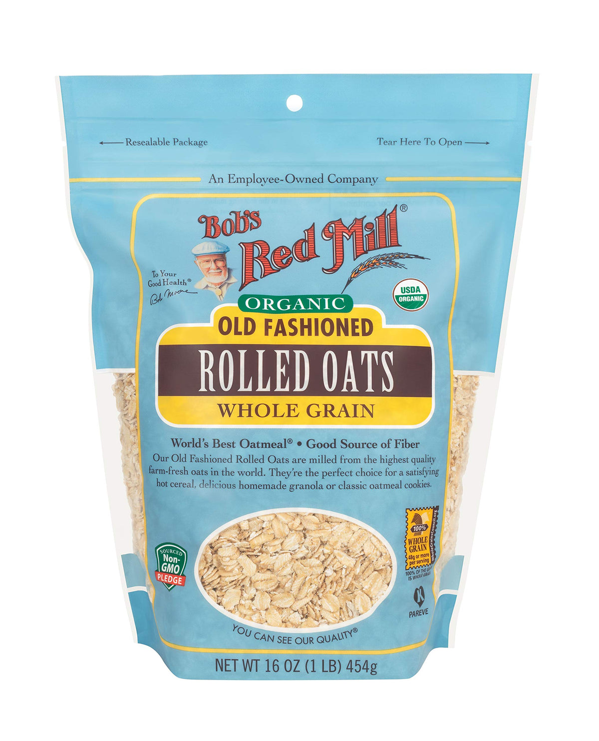 Bob's Red Mill Organic Old Fashioned Oats packaging detail shows Organic and Non-GMO labeling.