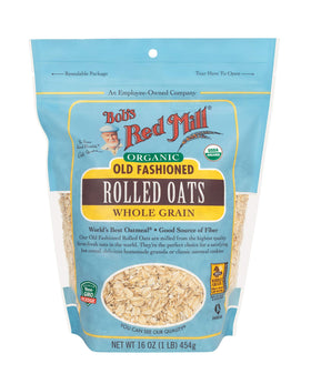Bob's Red Mill Organic Old Fashioned Oats packaging detail shows Organic and Non-GMO labeling.