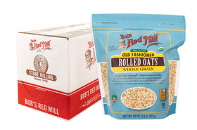 Bob's Red Mill Organic Old Fashioned Rolled Oats poured into a bowl for breakfast.