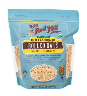 Bob's Red Mill oats measured in a cup for precise portions and fiber-rich mornings.