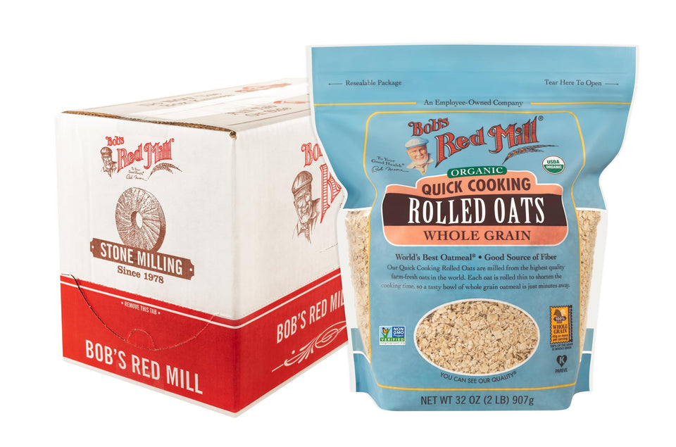 Bob's Red Mill Organic Quick Cooking Rolled Oats 4-pack in a pantry-friendly bag