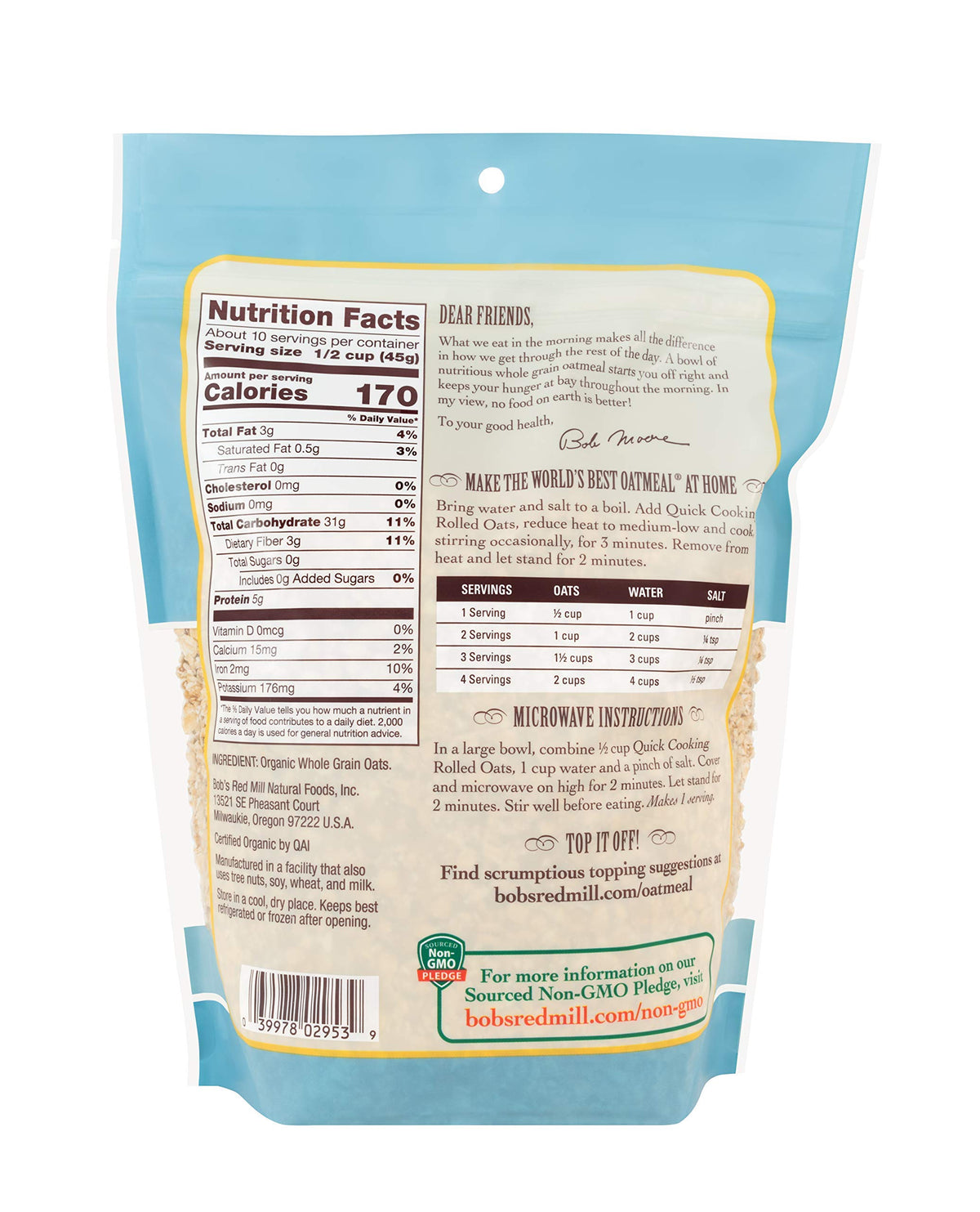 Four-pack Bob's Red Mill oats package on display, ideal for family breakfast staples.