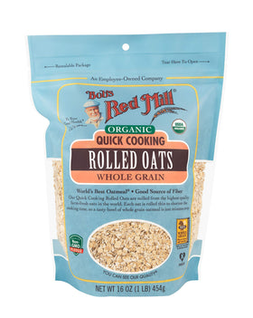 Bob's Red Mill Organic Quick Cooking Rolled Oats in a steaming bowl, ready in minutes.