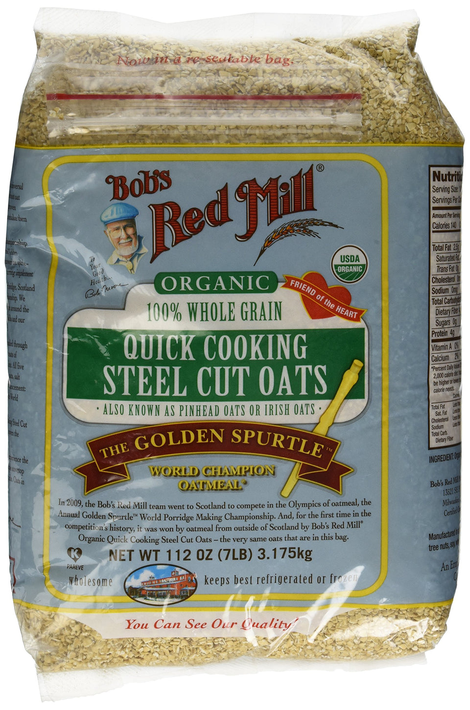 Bob's Red Mill Organic Quick Cooking Steel Cut Oats bag—100% whole grain for hearty breakfasts.