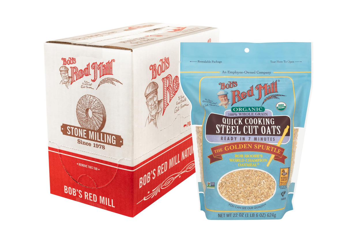 Bob's Red Mill Organic Quick Cooking Steel Cut Oats bag showing wholesome ingredients.