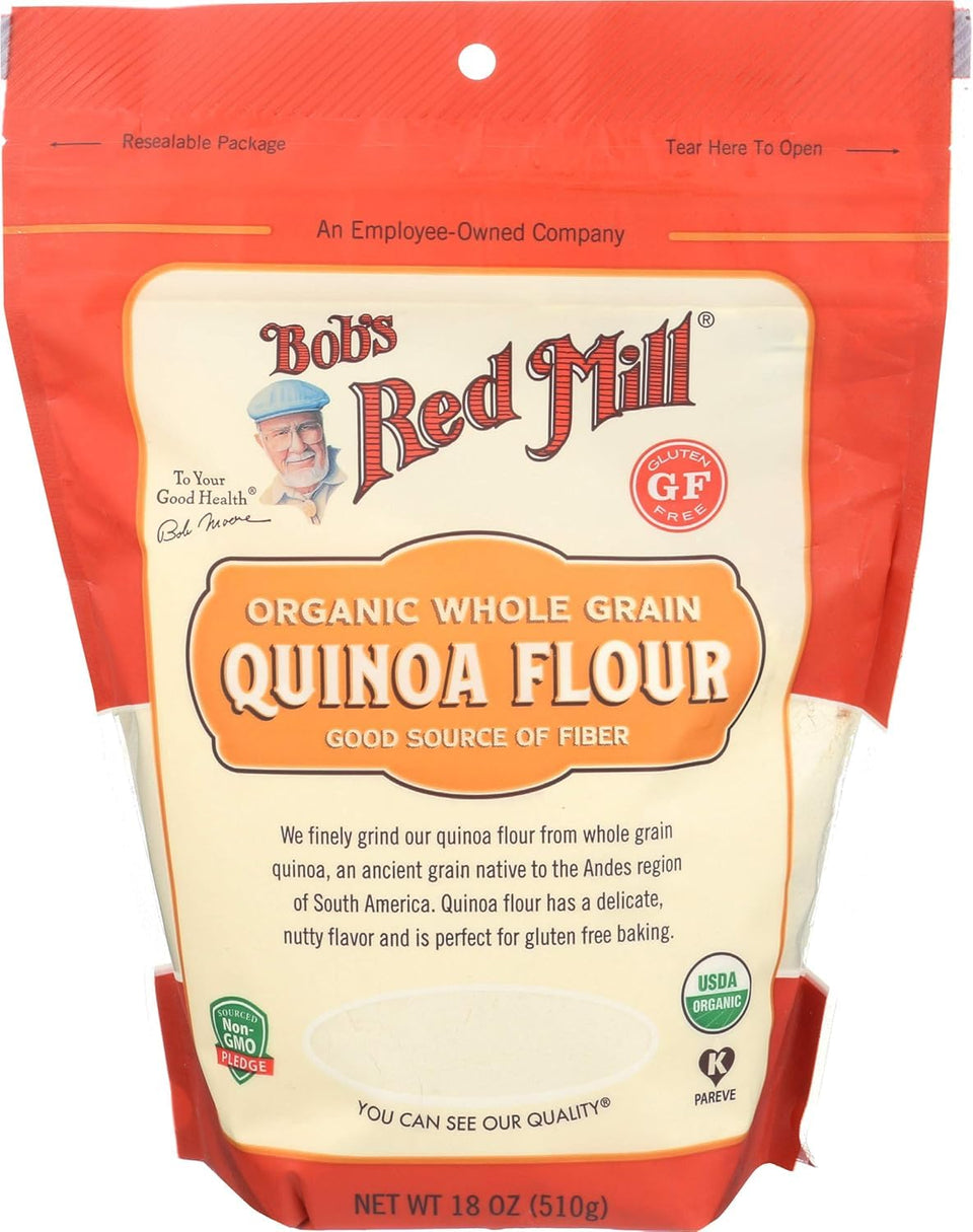 Bob's Red Mill Organic Quinoa Flour bag, gluten-free, versatile for baking.