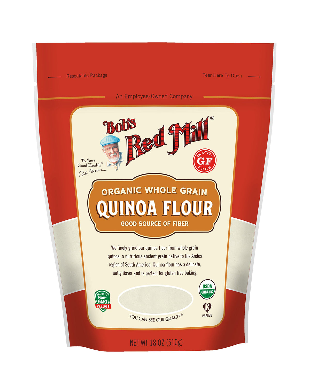 Bob's Red Mill Organic quinoa flour bag front, ideal for gluten-free baking.