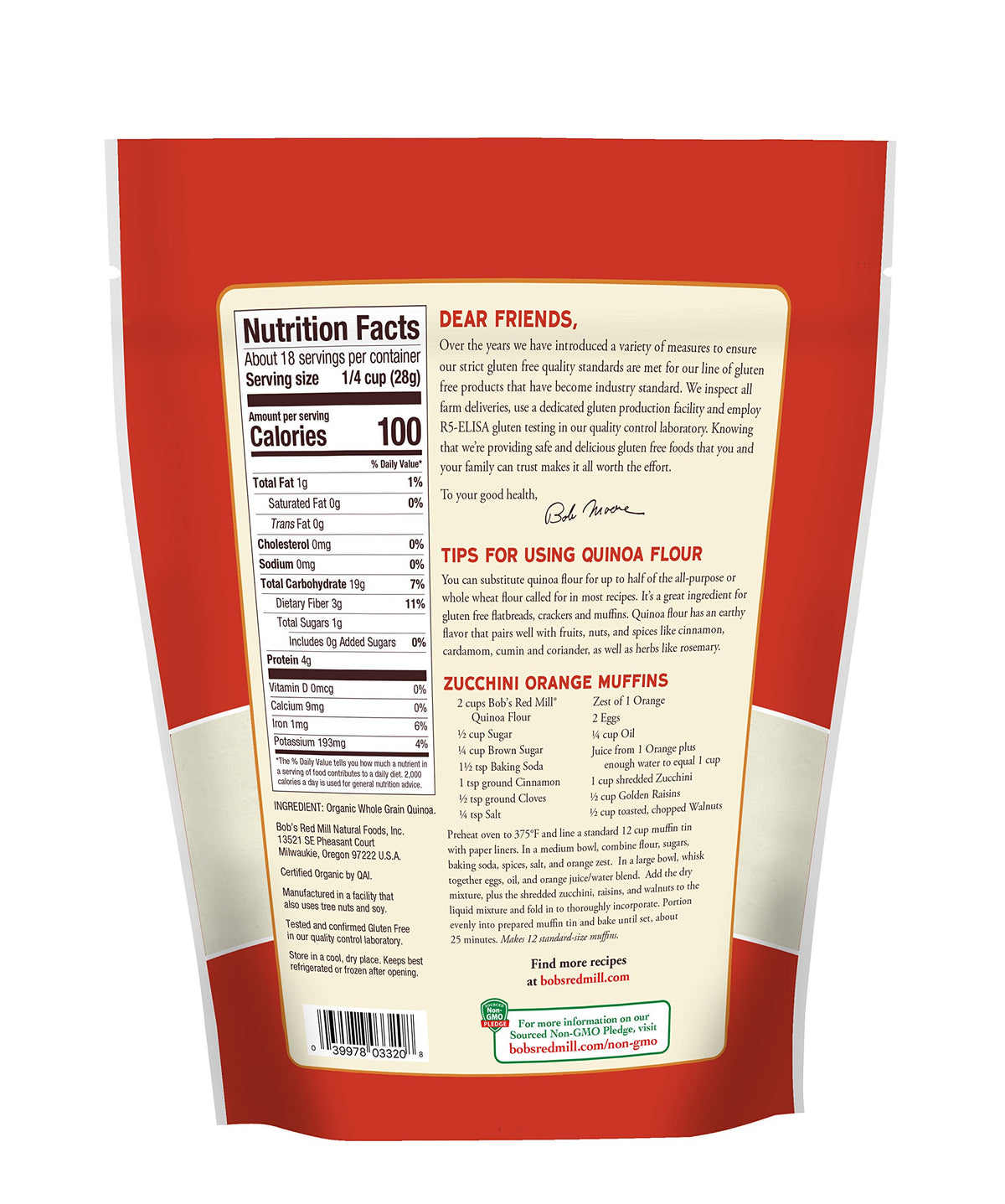 Bob's Red Mill packaging shows quinoa flour versatility for healthy baking.