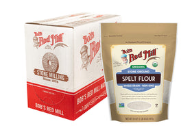Bob's Red Mill Organic Spelt Flour packaging four-pack, ideal pantry staple