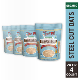 Bob's Red Mill Organic Steel Cut Oats bag close-up highlighting organic certification