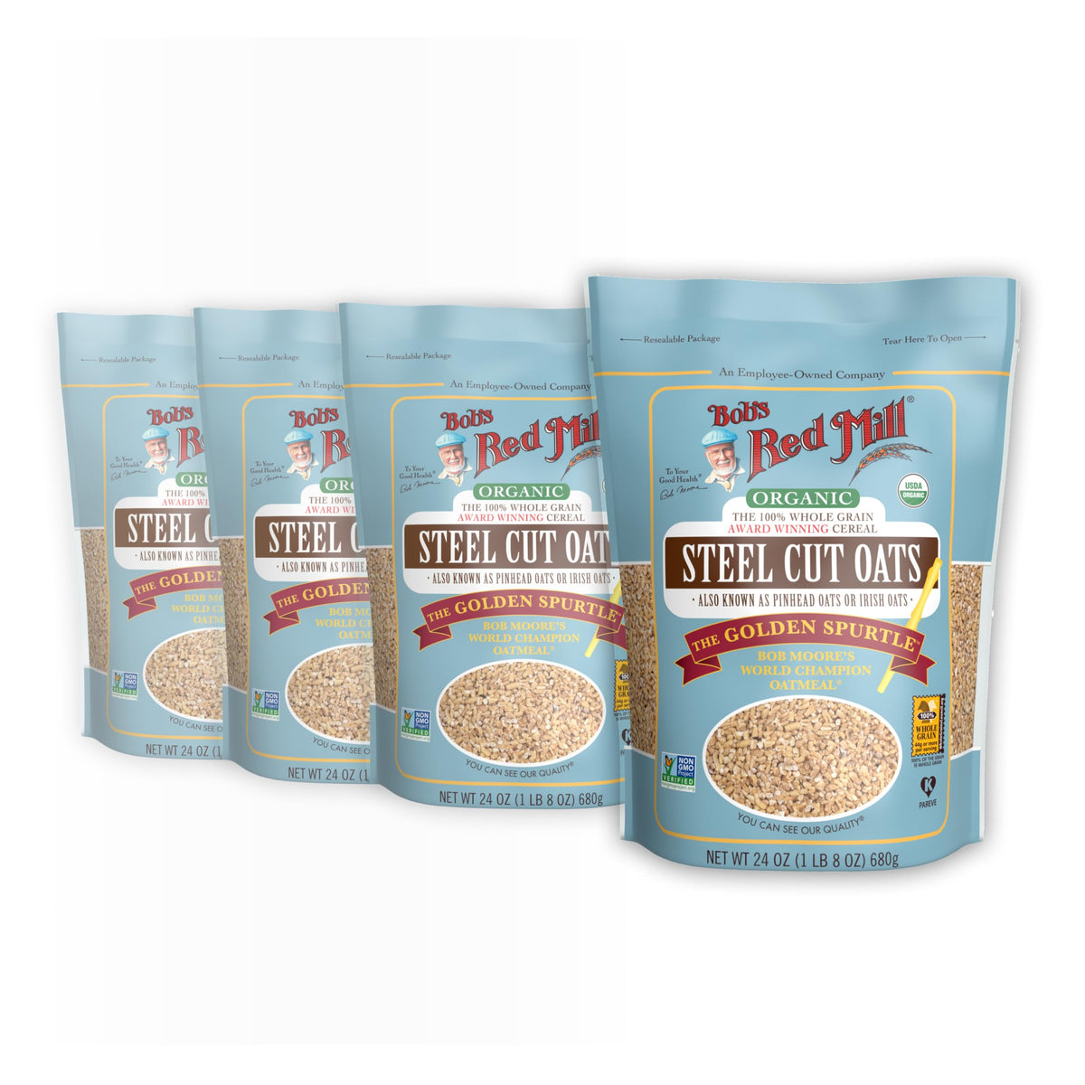 Bob's Red Mill Organic Steel Cut Oats pack front showing four-pack and labeling