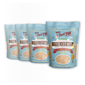 Bob's Red Mill Organic Steel Cut Oats pack front showing four-pack and labeling