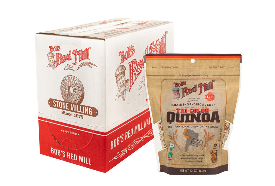 Bob's Red Mill Organic Tri-Color Quinoa packaging highlights organic and Non-GMO quality