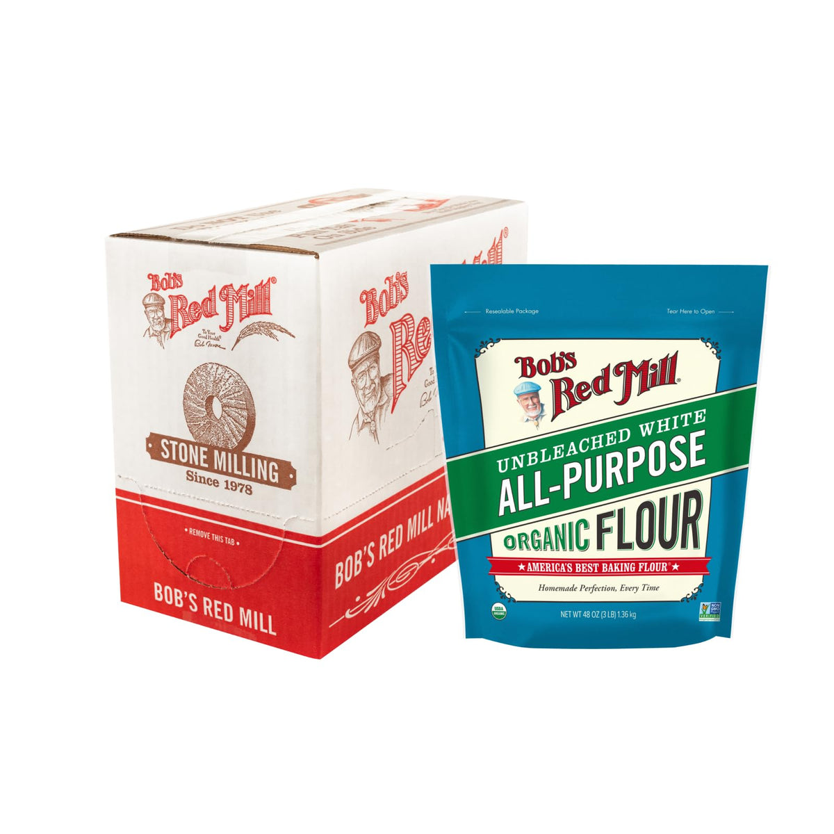 Bob's Red Mill Organic Unbleached All-Purpose Flour 3lb packaging, reliable baking results.