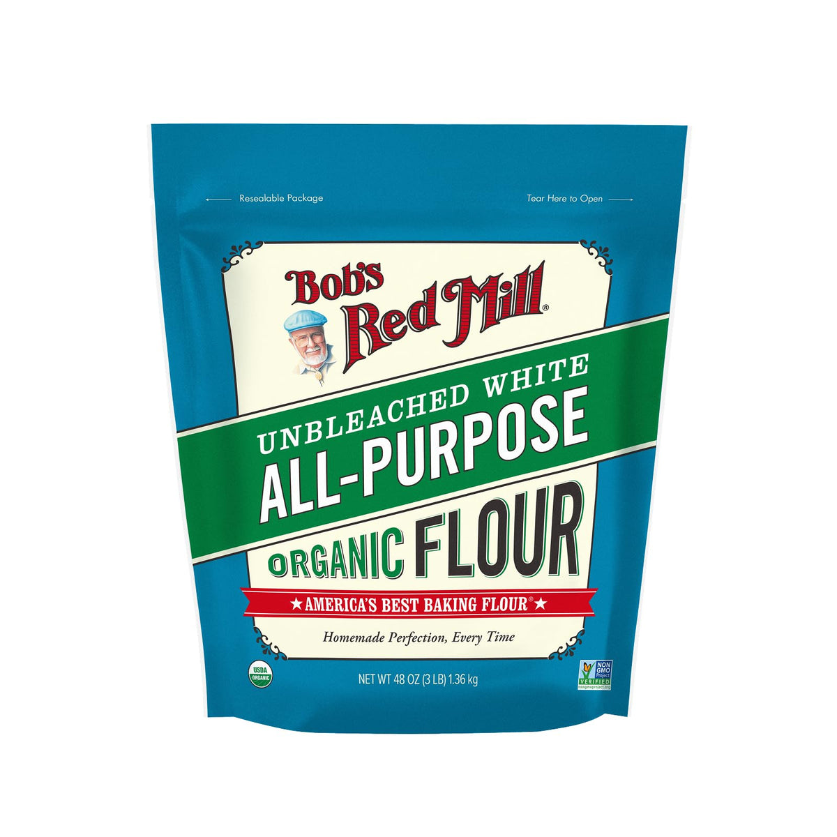 Close-up of the Bob's Red Mill flour bag, showcasing premium organic wheat.