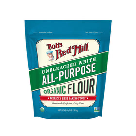 Close-up of the Bob's Red Mill flour bag, showcasing premium organic wheat.