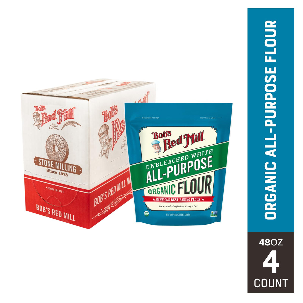 Measuring cup and recipe card beside Bob's Red Mill flour.