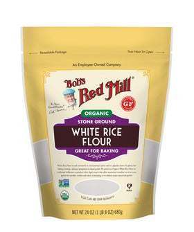 Bob's Red Mill Organic White Rice Flour 24 oz bag front, ideal for gluten-free baking.