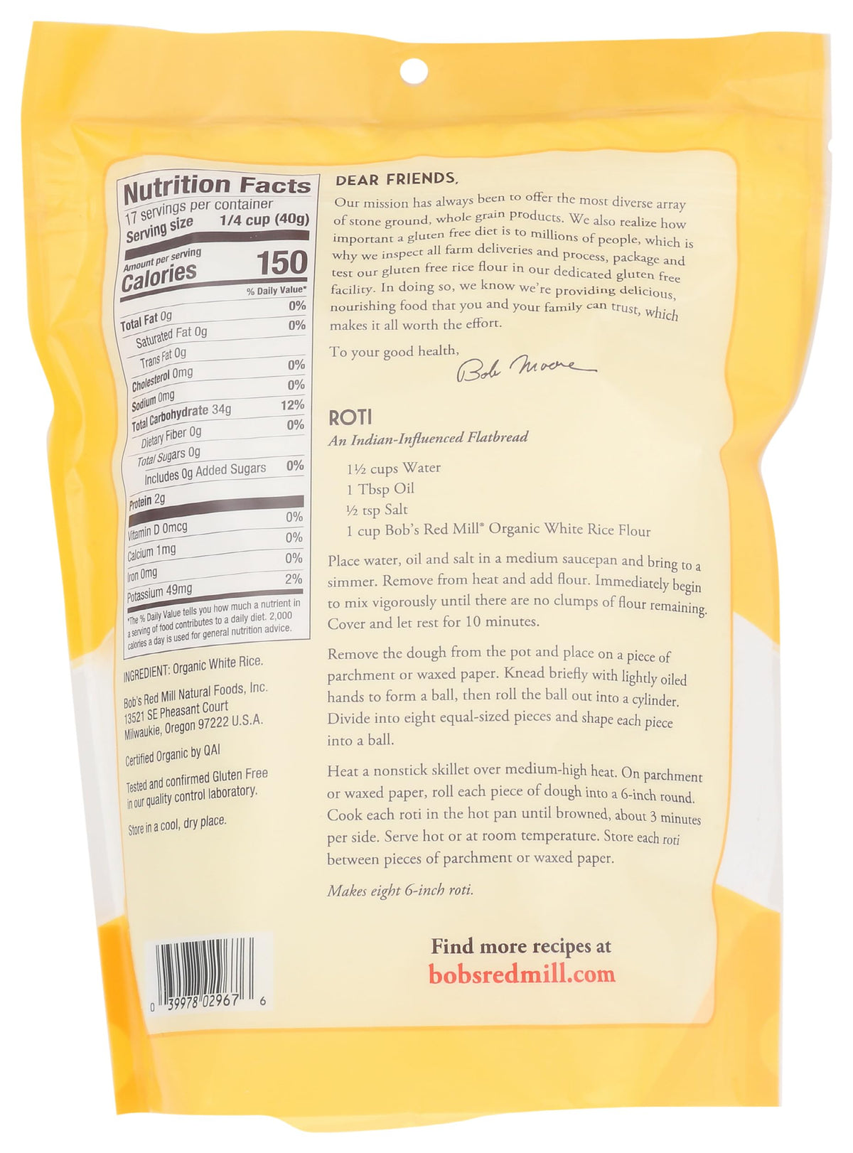 Open bag of Bob's Red Mill Organic White Rice Flour for versatile cooking