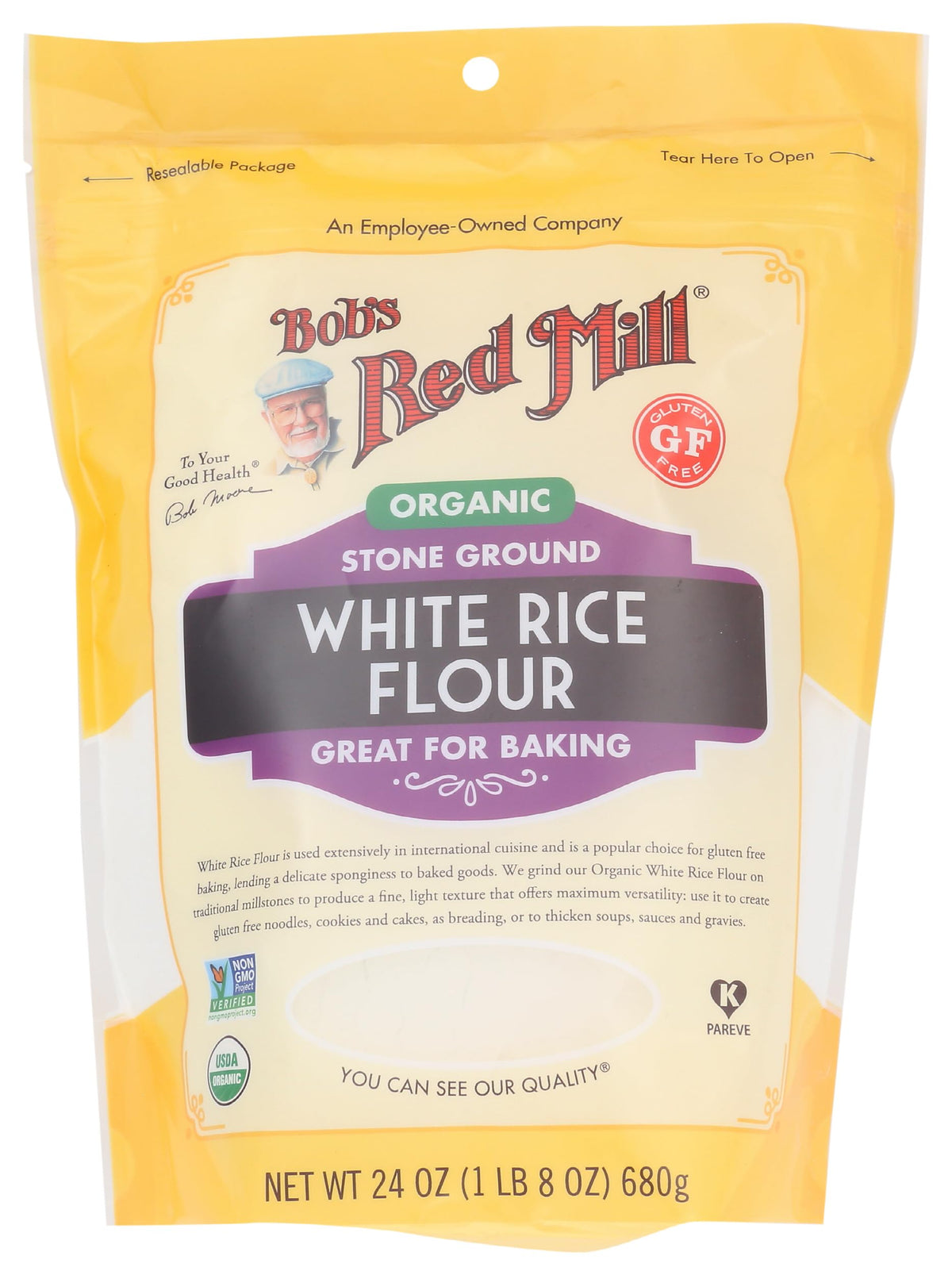 Bob's Red Mill Organic White Rice Flour bag ready for gluten-free baking