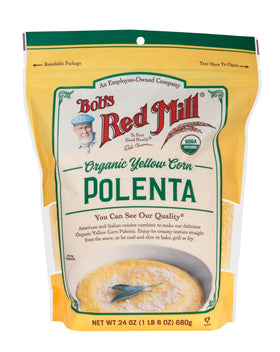 Bob's Red Mill polenta bag close-up highlighting organic yellow corn quality for rich flavor