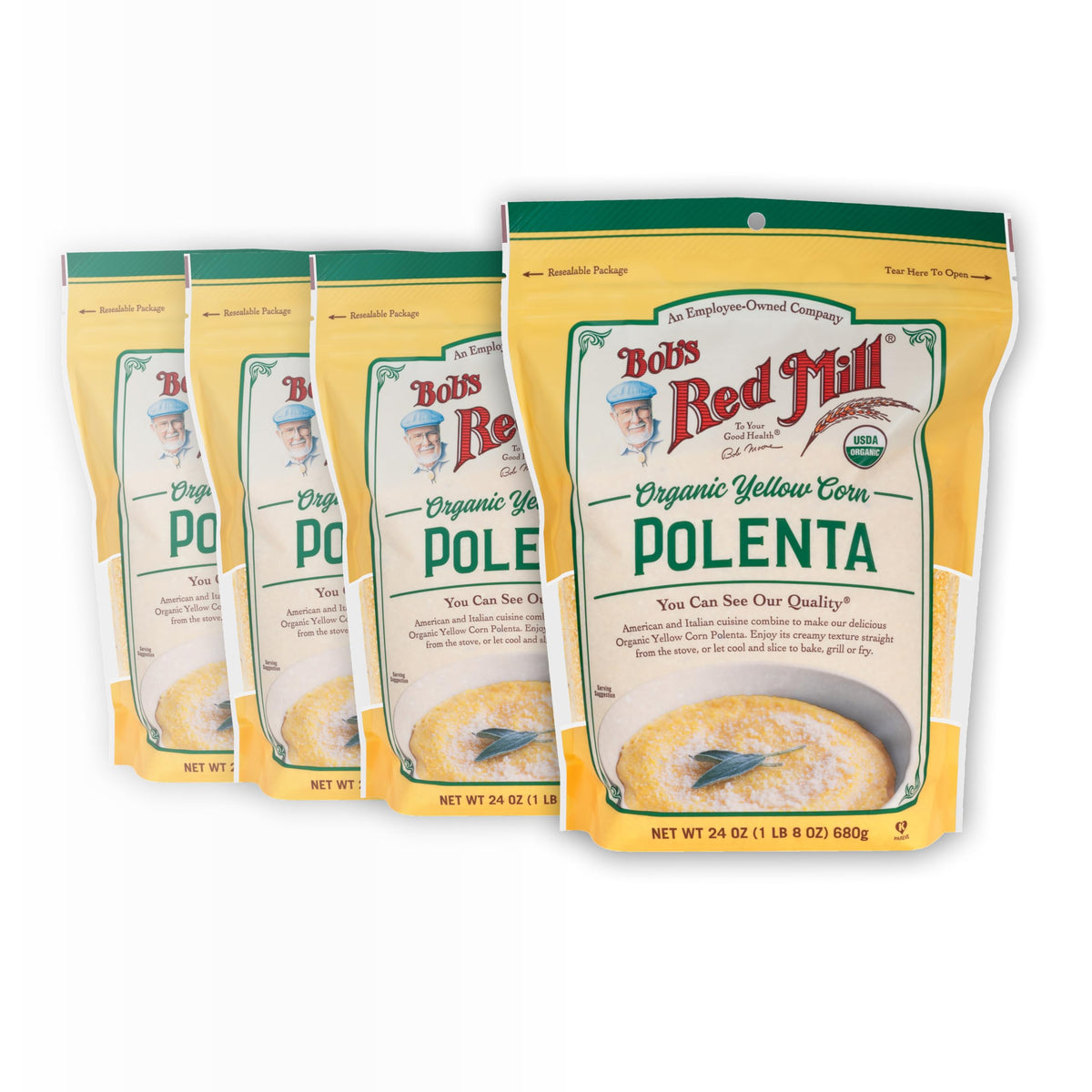 Bob's Red Mill organic corn polenta packaging showing a versatile pantry staple