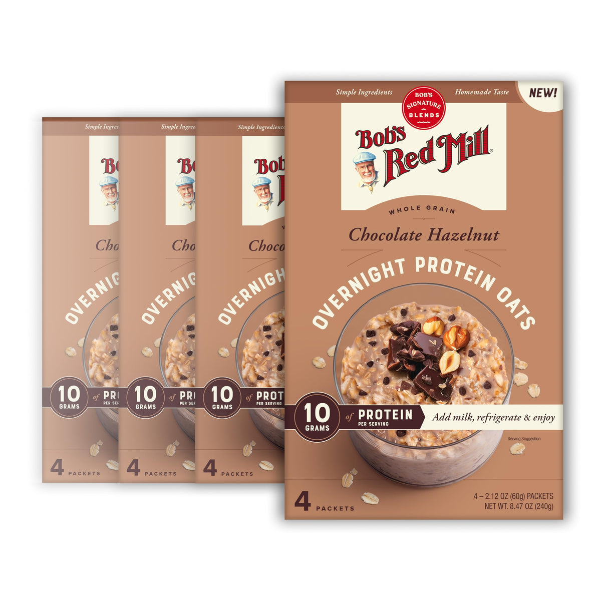 Bob's Red Mill Overnight Protein Oat Packets packaging highlights convenient 4-box multi-pack.