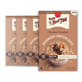Bob's Red Mill Overnight Protein Oat Packets packaging highlights convenient 4-box multi-pack.