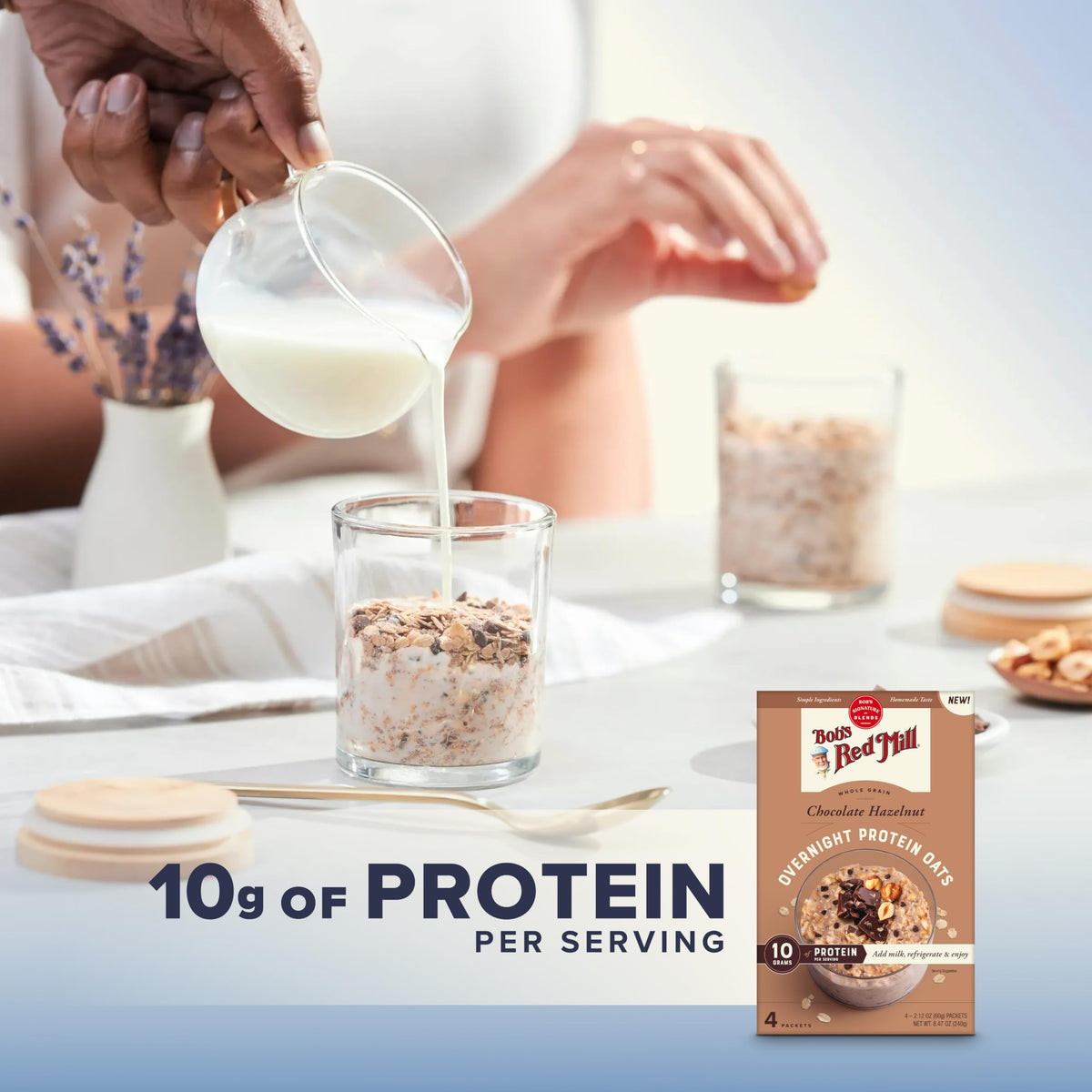 Bob's Red Mill Overnight Protein Oat Packets ready-to-eat oats served in a glass jar.